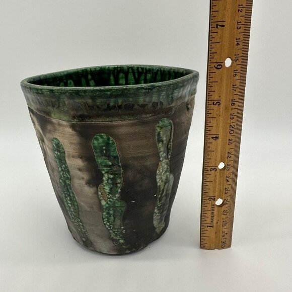 Vintage Raku Pottery Planter Vase Signed St John 99 Black Green Abstract Seaweed - Picture 10 of 10